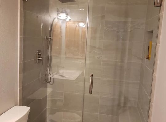 A bathroom with a glass shower door, toilet, and sink.