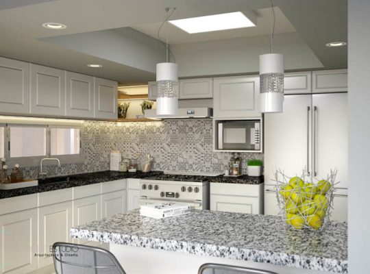 Contemporary kitchen featuring white cabinets and granite counters.