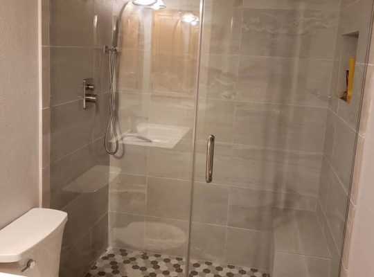A modern bathroom with a glass shower door and toilet.